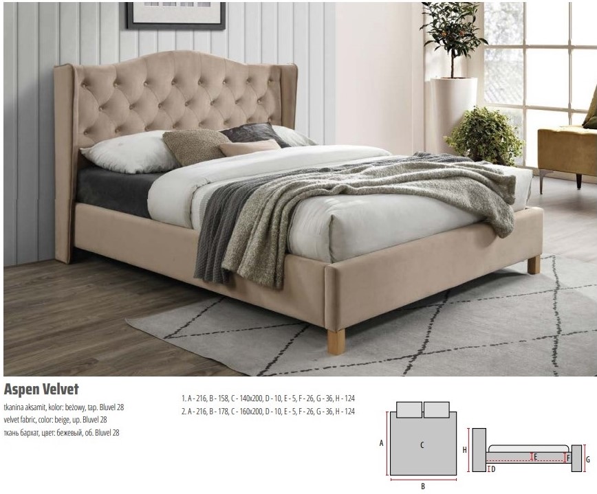 Кровать SIGNAL ASPEN Velvet Bluvel 28 бежевый/дуб 160/200