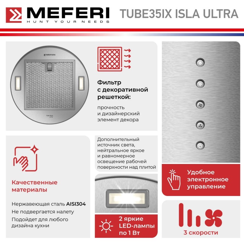 Вытяжка кухонная MEFERI TUBE35IX ISLA ULTRA