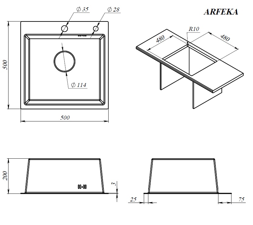 Мойка ARFEKA ECO AR 500*500 GS BLACK GLASS + SATIN
