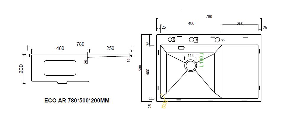 Мойка ARFEKA ECO AR 780*500 L POP-UP BLACK PVD NANO