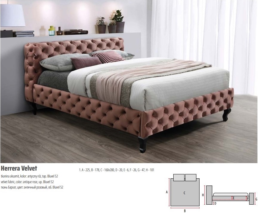 Кровать SIGNAL HERRERA Velvet Bluvel 52 античный розовый/венге 160/200