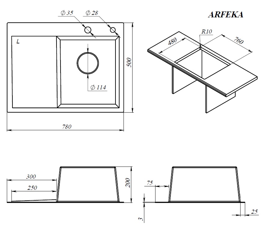 Мойка ARFEKA ECO AR 780*500 L GOLD PVD NANO